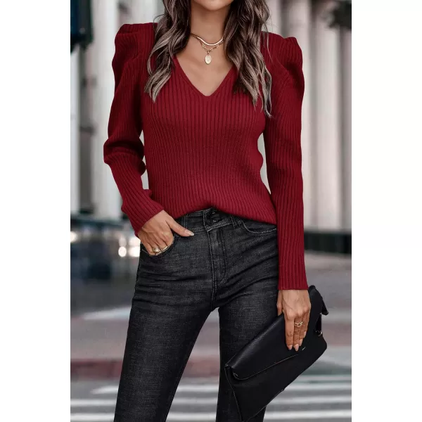 imagePRETTYGARDEN Womens Rib Knit Pullover Sweater Casual Long Puff Sleeve V Neck Solid Color Jumper Blouse TopsRed