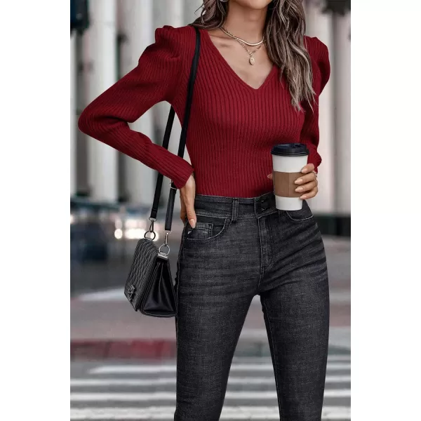 imagePRETTYGARDEN Womens Rib Knit Pullover Sweater Casual Long Puff Sleeve V Neck Solid Color Jumper Blouse TopsRed