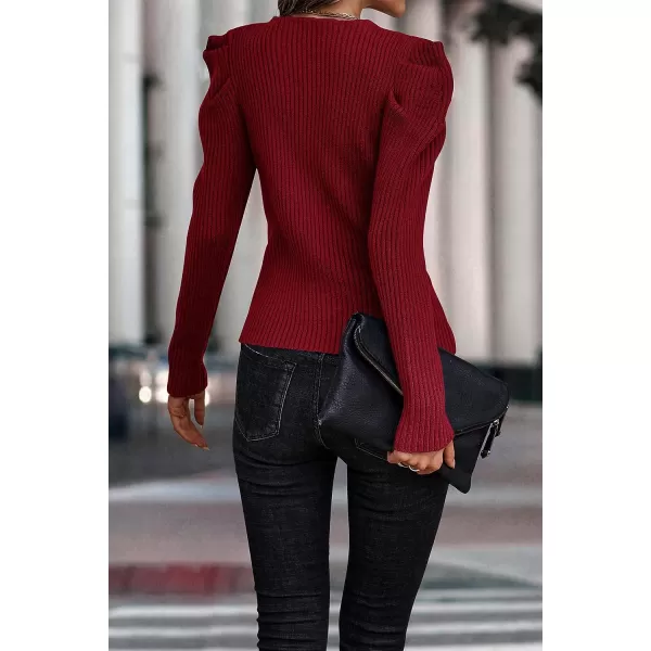 imagePRETTYGARDEN Womens Rib Knit Pullover Sweater Casual Long Puff Sleeve V Neck Solid Color Jumper Blouse TopsRed