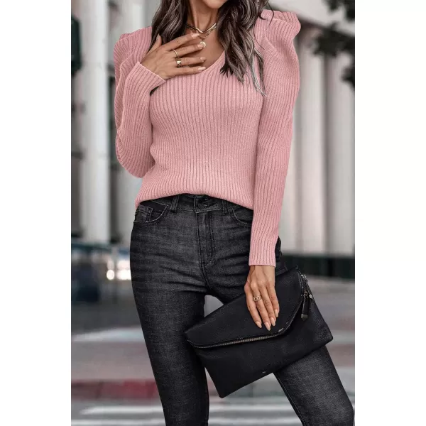imagePRETTYGARDEN Womens Rib Knit Pullover Sweater Casual Long Puff Sleeve V Neck Solid Color Jumper Blouse TopsRose Red