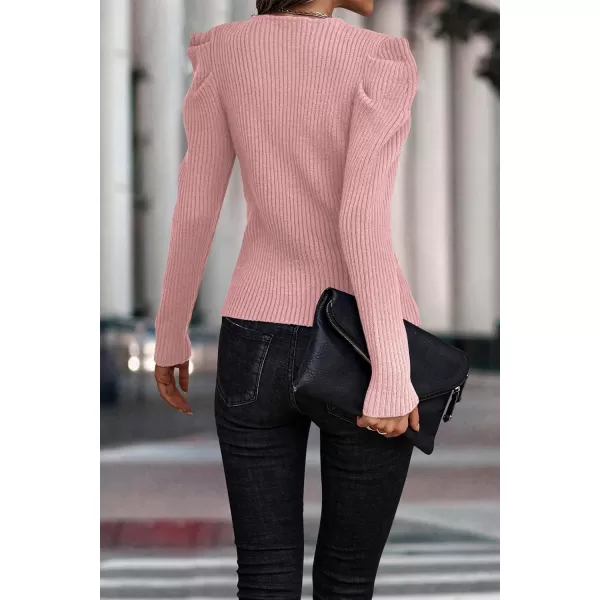 imagePRETTYGARDEN Womens Rib Knit Pullover Sweater Casual Long Puff Sleeve V Neck Solid Color Jumper Blouse TopsRose Red