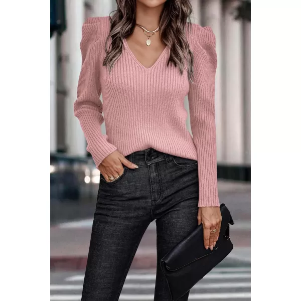 imagePRETTYGARDEN Womens Rib Knit Pullover Sweater Casual Long Puff Sleeve V Neck Solid Color Jumper Blouse TopsRose Red