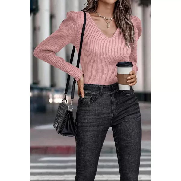 imagePRETTYGARDEN Womens Rib Knit Pullover Sweater Casual Long Puff Sleeve V Neck Solid Color Jumper Blouse TopsRose Red