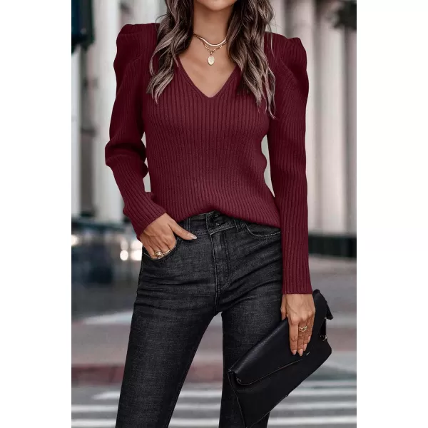 imagePRETTYGARDEN Womens Rib Knit Pullover Sweater Casual Long Puff Sleeve V Neck Solid Color Jumper Blouse TopsWine Red