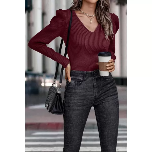 imagePRETTYGARDEN Womens Rib Knit Pullover Sweater Casual Long Puff Sleeve V Neck Solid Color Jumper Blouse TopsWine Red