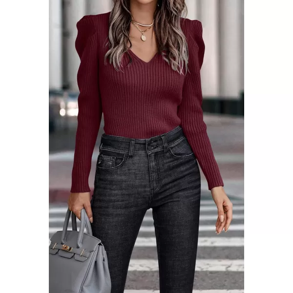 imagePRETTYGARDEN Womens Rib Knit Pullover Sweater Casual Long Puff Sleeve V Neck Solid Color Jumper Blouse TopsWine Red
