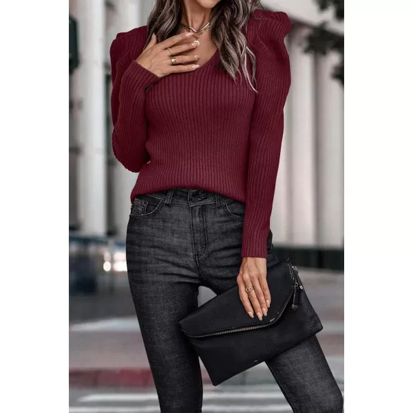 imagePRETTYGARDEN Womens Rib Knit Pullover Sweater Casual Long Puff Sleeve V Neck Solid Color Jumper Blouse TopsWine Red