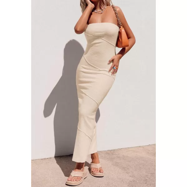 imagePRETTYGARDEN Womens Ribbed Maxi Bodycon Dress Summer Strapless Tube Y2K Party Club Long DressesBeige