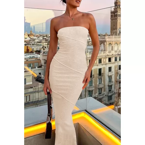 imagePRETTYGARDEN Womens Ribbed Maxi Bodycon Dress Summer Strapless Tube Y2K Party Club Long DressesBeige