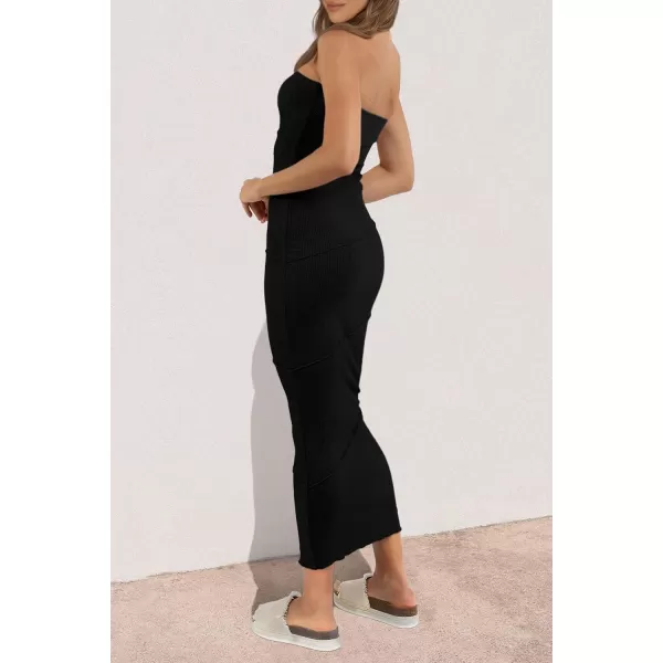 imagePRETTYGARDEN Womens Ribbed Maxi Bodycon Dress Summer Strapless Tube Y2K Party Club Long DressesBlack