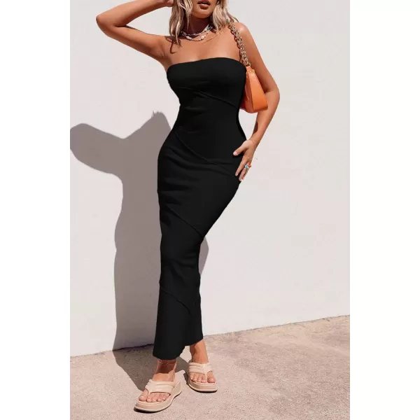 imagePRETTYGARDEN Womens Ribbed Maxi Bodycon Dress Summer Strapless Tube Y2K Party Club Long DressesBlack