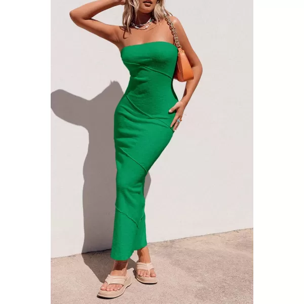 imagePRETTYGARDEN Womens Ribbed Maxi Bodycon Dress Summer Strapless Tube Y2K Party Club Long DressesGreen