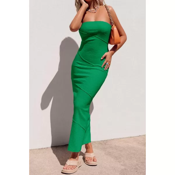 imagePRETTYGARDEN Womens Ribbed Maxi Bodycon Dress Summer Strapless Tube Y2K Party Club Long DressesGreen