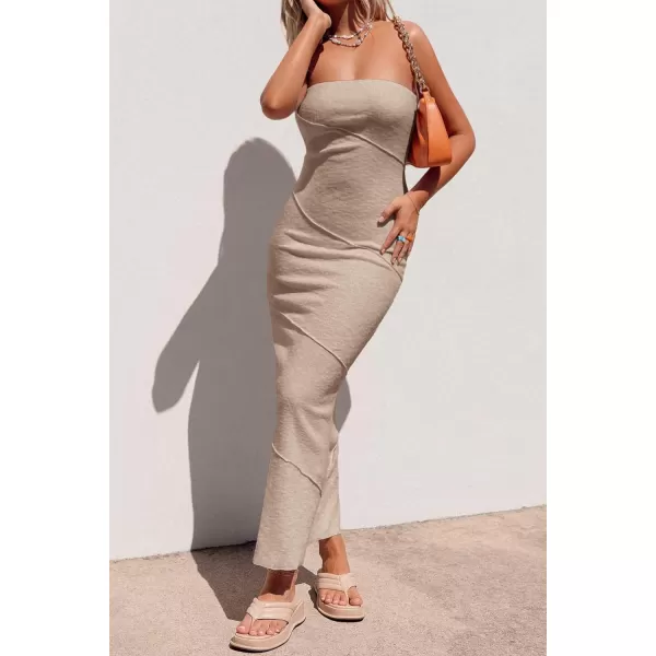 imagePRETTYGARDEN Womens Ribbed Maxi Bodycon Dress Summer Strapless Tube Y2K Party Club Long DressesKhaki
