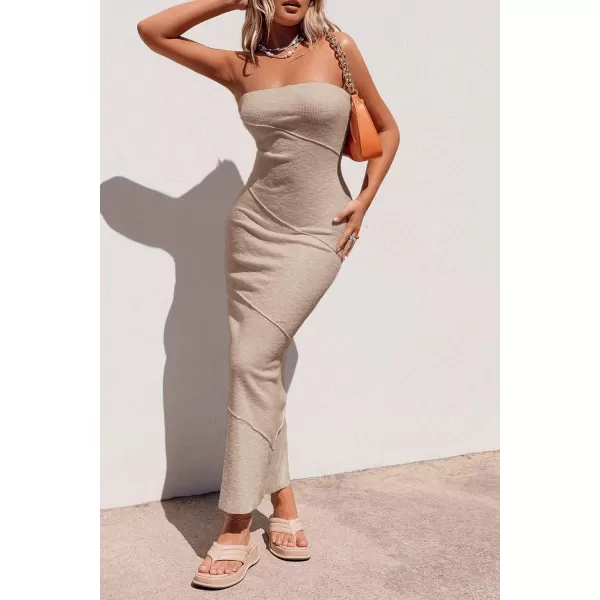 imagePRETTYGARDEN Womens Ribbed Maxi Bodycon Dress Summer Strapless Tube Y2K Party Club Long DressesKhaki