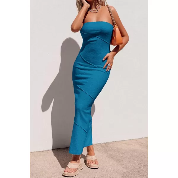 imagePRETTYGARDEN Womens Ribbed Maxi Bodycon Dress Summer Strapless Tube Y2K Party Club Long DressesLake Blue