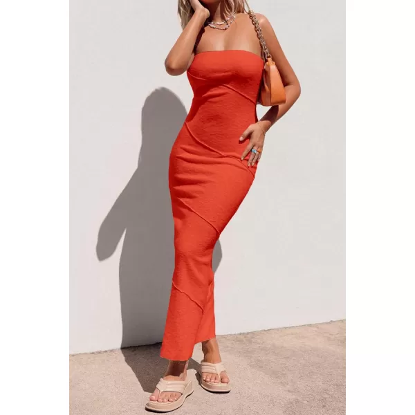 imagePRETTYGARDEN Womens Ribbed Maxi Bodycon Dress Summer Strapless Tube Y2K Party Club Long DressesOrange