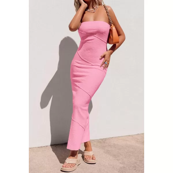 imagePRETTYGARDEN Womens Ribbed Maxi Bodycon Dress Summer Strapless Tube Y2K Party Club Long DressesPink
