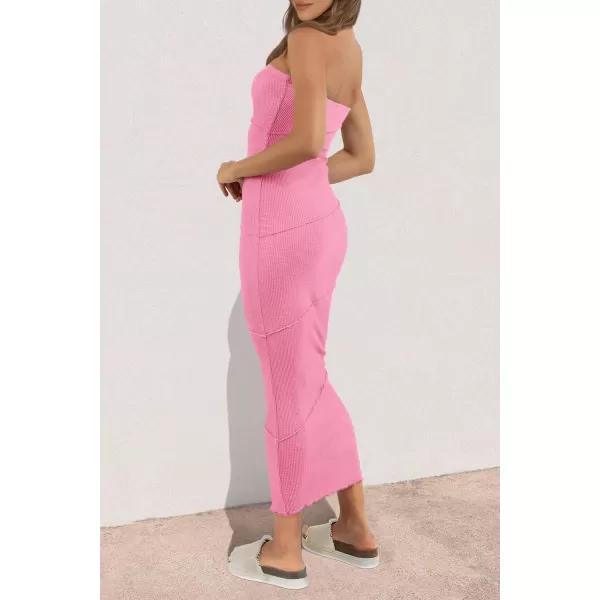 imagePRETTYGARDEN Womens Ribbed Maxi Bodycon Dress Summer Strapless Tube Y2K Party Club Long DressesPink