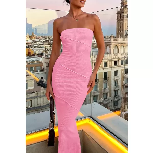 imagePRETTYGARDEN Womens Ribbed Maxi Bodycon Dress Summer Strapless Tube Y2K Party Club Long DressesPink