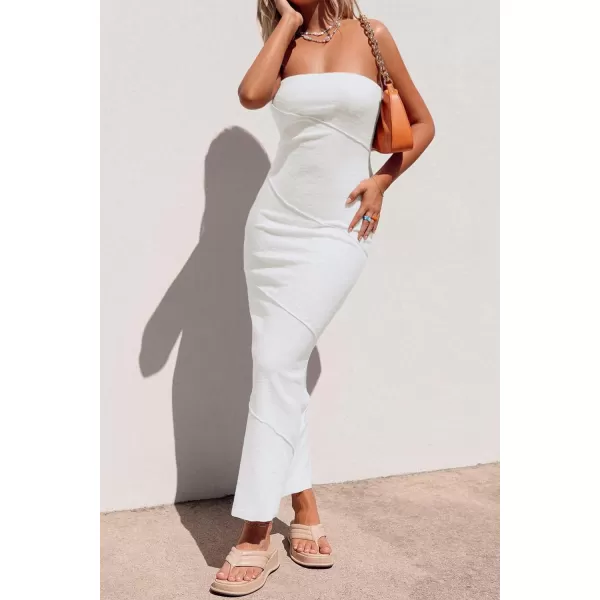 imagePRETTYGARDEN Womens Ribbed Maxi Bodycon Dress Summer Strapless Tube Y2K Party Club Long DressesWhite