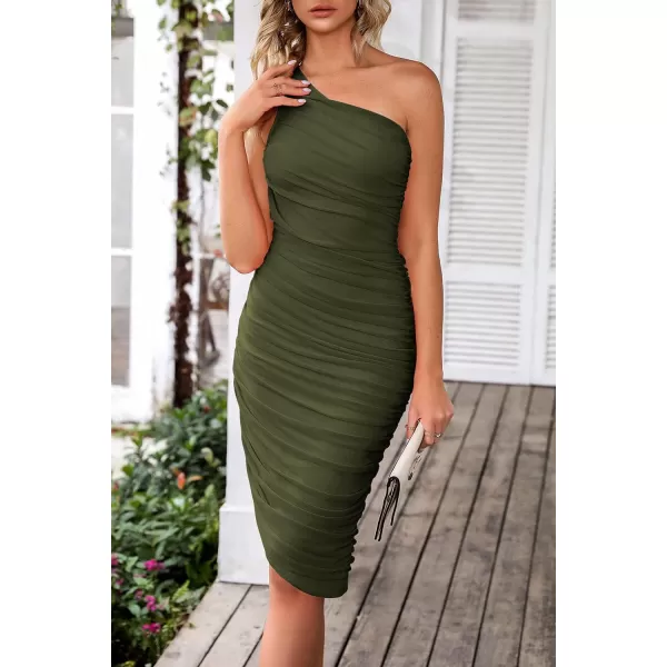 imagePRETTYGARDEN Womens Ruched Bodycon Dress 2024 Summer One Shoulder Sleeveless Party Cocktail Pencil DressesArmy Green