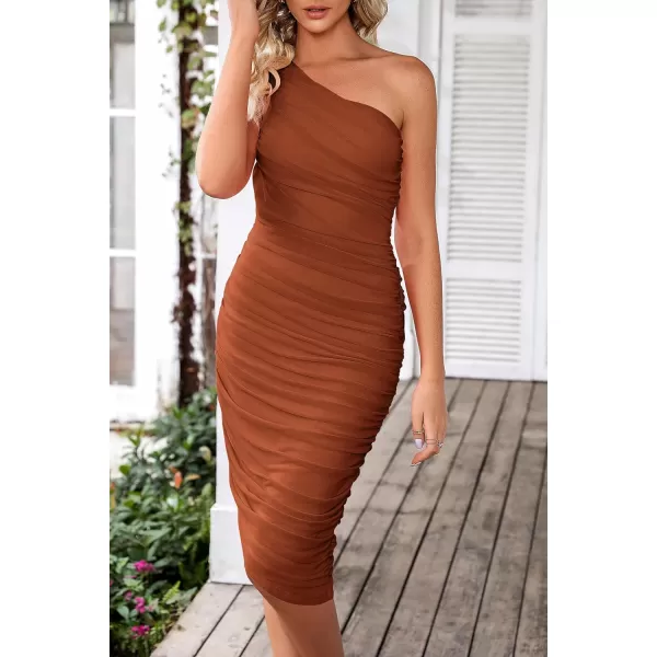 imagePRETTYGARDEN Womens Ruched Bodycon Dress 2024 Summer One Shoulder Sleeveless Party Cocktail Pencil DressesCaramel