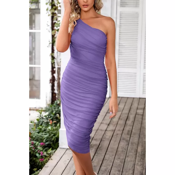 imagePRETTYGARDEN Womens Ruched Bodycon Dress 2024 Summer One Shoulder Sleeveless Party Cocktail Pencil DressesGrey Purple
