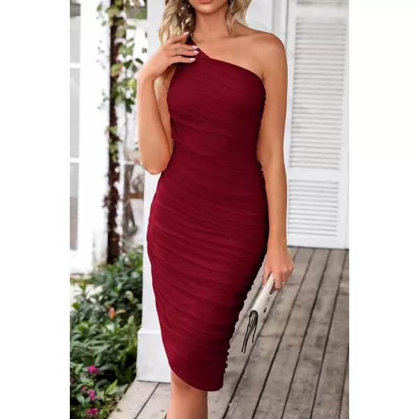 imagePRETTYGARDEN Womens Ruched Bodycon Dress 2024 Summer One Shoulder Sleeveless Party Cocktail Pencil DressesWine Red