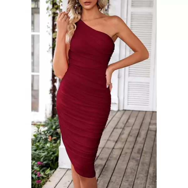 imagePRETTYGARDEN Womens Ruched Bodycon Dress 2024 Summer One Shoulder Sleeveless Party Cocktail Pencil DressesWine Red