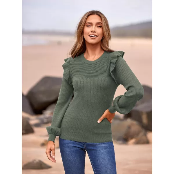 imagePRETTYGARDEN Womens Ruffle Long Sleeve Sweaters Crew Neck Lightweight Sweatshirts 2024 Fall Ribbed Knit Pullover TopsBean Green