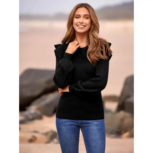 imagePRETTYGARDEN Womens Ruffle Long Sleeve Sweaters Crew Neck Lightweight Sweatshirts 2024 Fall Ribbed Knit Pullover TopsBlack