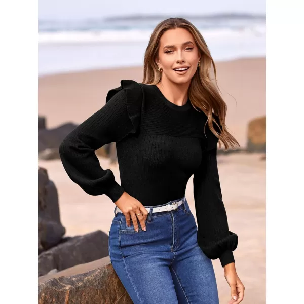 imagePRETTYGARDEN Womens Ruffle Long Sleeve Sweaters Crew Neck Lightweight Sweatshirts 2024 Fall Ribbed Knit Pullover TopsBlack