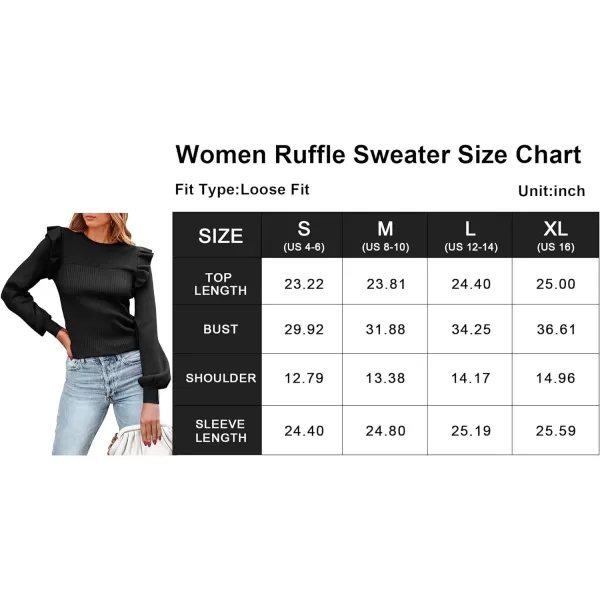 imagePRETTYGARDEN Womens Ruffle Long Sleeve Sweaters Crew Neck Lightweight Sweatshirts 2024 Fall Ribbed Knit Pullover TopsBlack