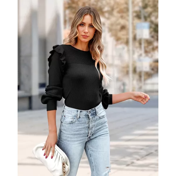 imagePRETTYGARDEN Womens Ruffle Long Sleeve Sweaters Crew Neck Lightweight Sweatshirts 2024 Fall Ribbed Knit Pullover TopsBlack