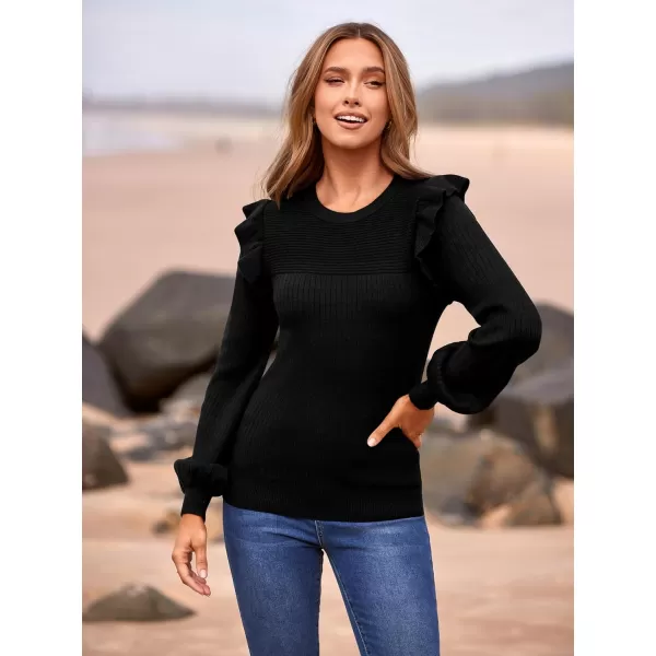 imagePRETTYGARDEN Womens Ruffle Long Sleeve Sweaters Crew Neck Lightweight Sweatshirts 2024 Fall Ribbed Knit Pullover TopsBlack