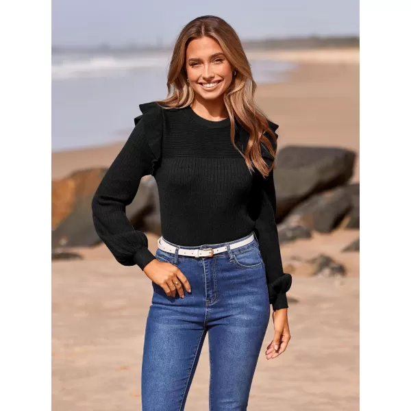 imagePRETTYGARDEN Womens Ruffle Long Sleeve Sweaters Crew Neck Lightweight Sweatshirts 2024 Fall Ribbed Knit Pullover TopsBlack