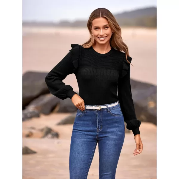 imagePRETTYGARDEN Womens Ruffle Long Sleeve Sweaters Crew Neck Lightweight Sweatshirts 2024 Fall Ribbed Knit Pullover TopsBlack