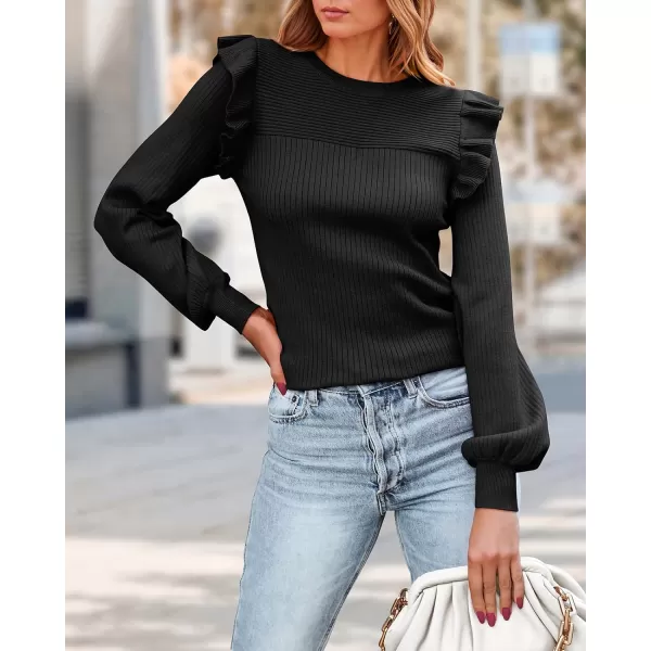 imagePRETTYGARDEN Womens Ruffle Long Sleeve Sweaters Crew Neck Lightweight Sweatshirts 2024 Fall Ribbed Knit Pullover TopsBlack