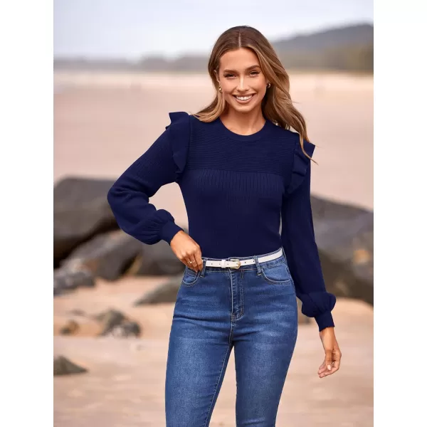 imagePRETTYGARDEN Womens Ruffle Long Sleeve Sweaters Crew Neck Lightweight Sweatshirts 2024 Fall Ribbed Knit Pullover TopsNavy