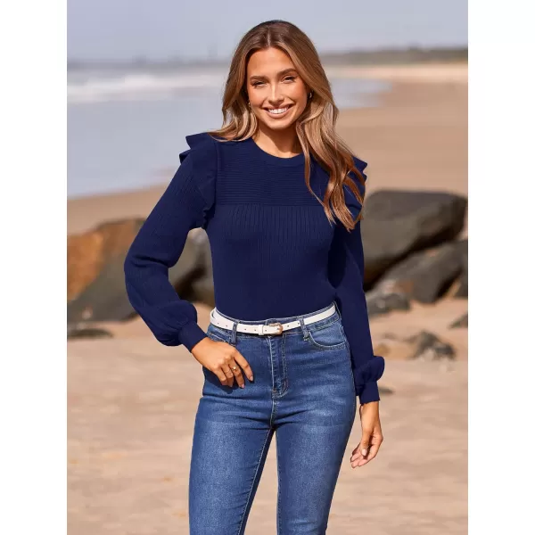 imagePRETTYGARDEN Womens Ruffle Long Sleeve Sweaters Crew Neck Lightweight Sweatshirts 2024 Fall Ribbed Knit Pullover TopsNavy