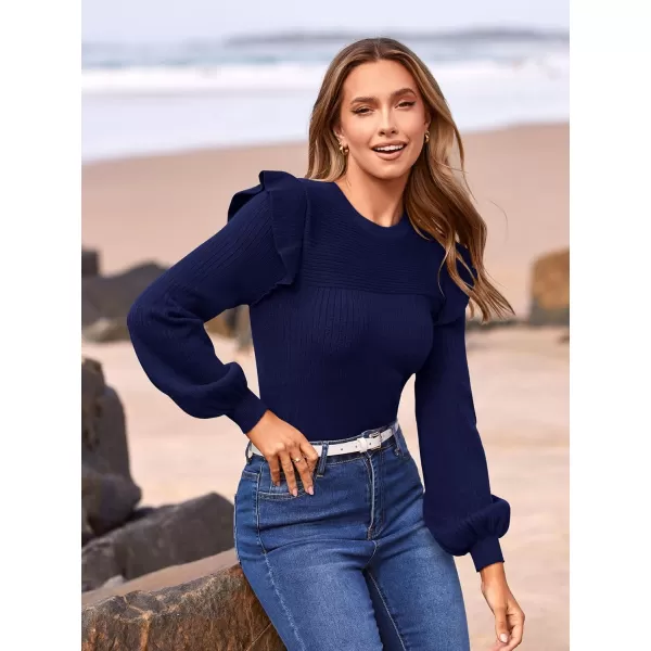 imagePRETTYGARDEN Womens Ruffle Long Sleeve Sweaters Crew Neck Lightweight Sweatshirts 2024 Fall Ribbed Knit Pullover TopsNavy