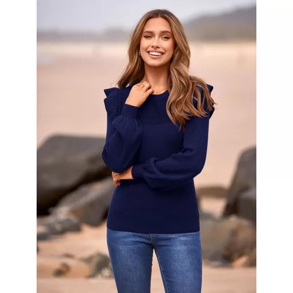 imagePRETTYGARDEN Womens Ruffle Long Sleeve Sweaters Crew Neck Lightweight Sweatshirts 2024 Fall Ribbed Knit Pullover TopsNavy