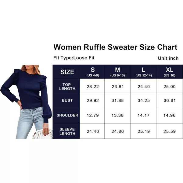 imagePRETTYGARDEN Womens Ruffle Long Sleeve Sweaters Crew Neck Lightweight Sweatshirts 2024 Fall Ribbed Knit Pullover TopsNavy
