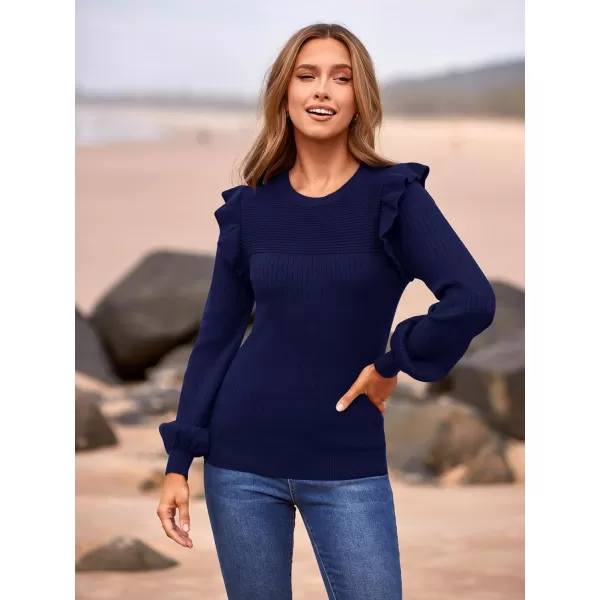 imagePRETTYGARDEN Womens Ruffle Long Sleeve Sweaters Crew Neck Lightweight Sweatshirts 2024 Fall Ribbed Knit Pullover TopsNavy