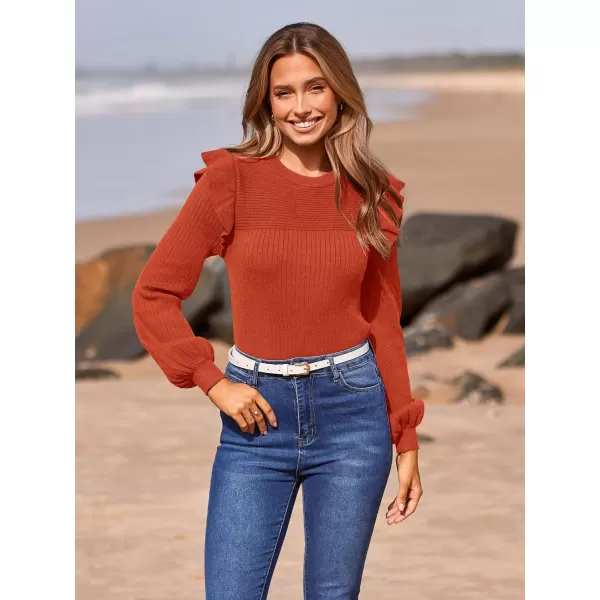 imagePRETTYGARDEN Womens Ruffle Long Sleeve Sweaters Crew Neck Lightweight Sweatshirts 2024 Fall Ribbed Knit Pullover TopsOrange