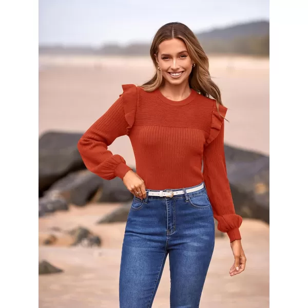 imagePRETTYGARDEN Womens Ruffle Long Sleeve Sweaters Crew Neck Lightweight Sweatshirts 2024 Fall Ribbed Knit Pullover TopsOrange
