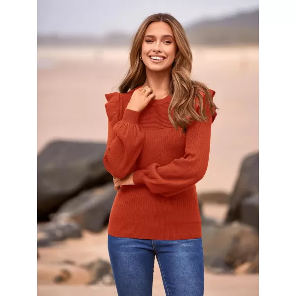 imagePRETTYGARDEN Womens Ruffle Long Sleeve Sweaters Crew Neck Lightweight Sweatshirts 2024 Fall Ribbed Knit Pullover TopsOrange