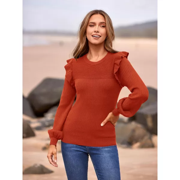 imagePRETTYGARDEN Womens Ruffle Long Sleeve Sweaters Crew Neck Lightweight Sweatshirts 2024 Fall Ribbed Knit Pullover TopsOrange
