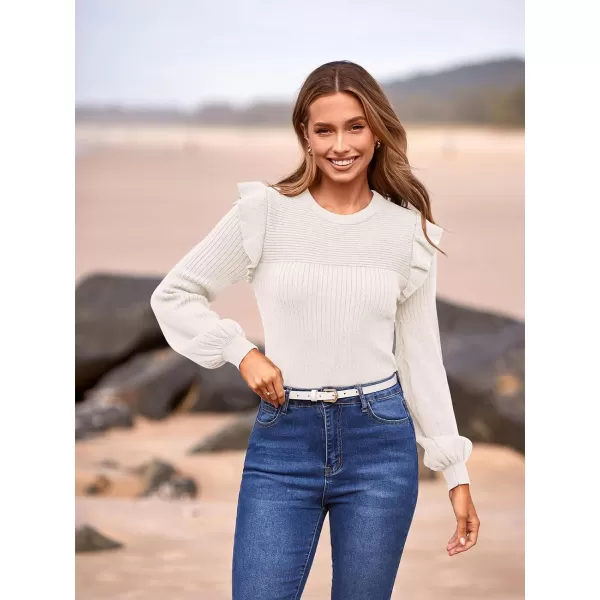 imagePRETTYGARDEN Womens Ruffle Long Sleeve Sweaters Crew Neck Lightweight Sweatshirts 2024 Fall Ribbed Knit Pullover TopsWhite